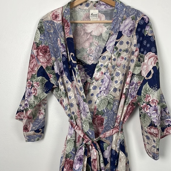 Maryann's 2 piece gown women vintage size medium floral satin 2 pockets belt - Picture 3 of 13